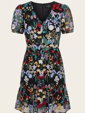692 Sam Edelman Floral Embroidered Mesh Puff Sleeve Mini Dress Size 4